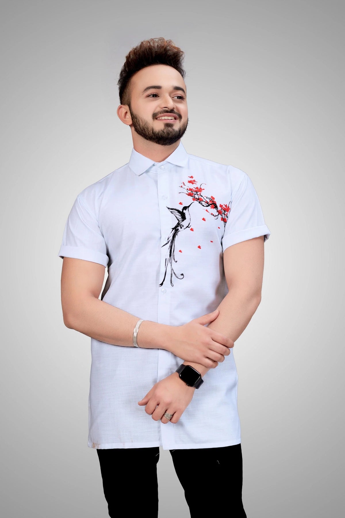White Bird Print Casual Shirt for Men
